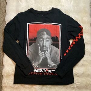 Black Long Sleeve Graphic Tee with Red Accents